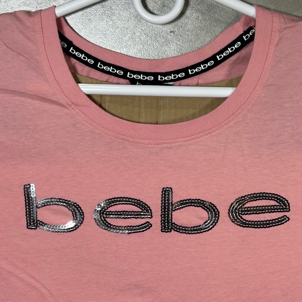 Bebe Sport Pink Sequin Logo Cropped T-Shirt Top‎ Women's Size 2X